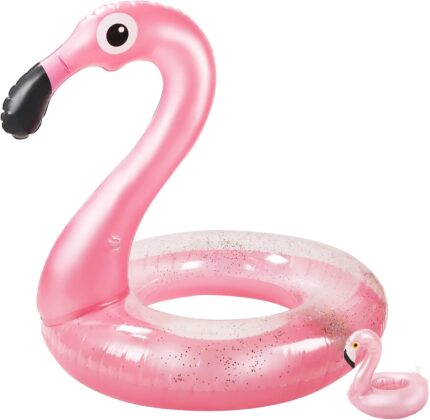 Inflatable Pool Float Pink Flamingo Swimming Ring with Drink Holder Set, Fun Beach Outdoor Party Supplies Floaties Summer Pool Toy great for both Adults and Kids Diameter Approx. 113 cm
